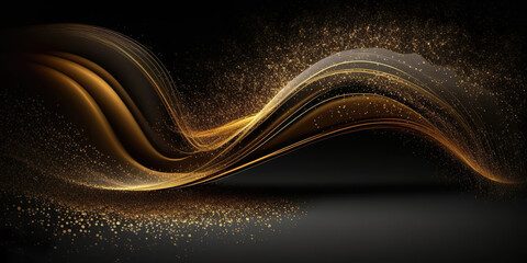 Poster - abstract panoramic smoke background with golden particles, generative ai