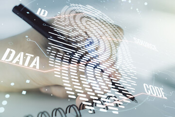 Aufkleber - Multi exposure of abstract fingerprint scan interface with man hand writing in notepad on background, digital access concept