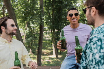 Wall Mural - Interracial friends in sunglasses holding bottles of beer and talking in summer park.