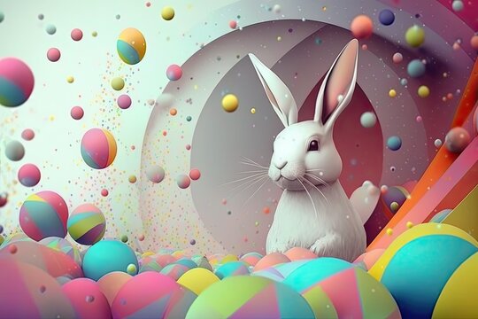 fantasy abstarct design amazing 3d Easter bunny and ornated painted rainbow colourd egg on white background. Happy Easter magical,generative ai.