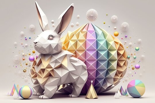 fantasy abstarct design amazing 3d Easter bunny and ornated painted rainbow colourd egg on white background. Happy Easter magical,generative ai.