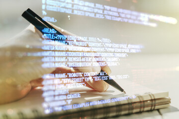 Poster - Double exposure of abstract programming language with man hand writing in notebook on background, research and development concept