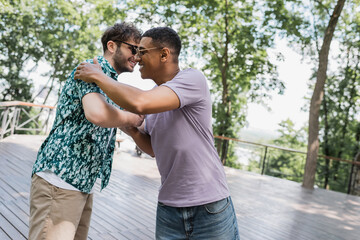 Wall Mural - cheerful interracial men in sunglasses meeting in summer park.