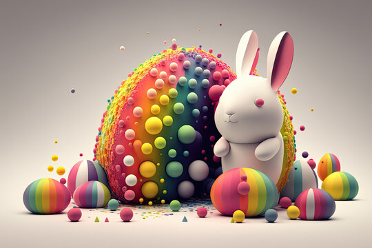 fantasy abstarct design amazing 3d Easter bunny and ornated painted rainbow colourd egg on white background. Happy Easter magical,generative ai.