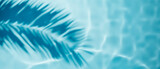 Fototapeta  - Aqua waves and coconut palm shadow on blue background. Water pool texture top view.Tropical summer mockup design. Luxury travel holiday.
