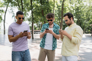 Wall Mural - cheerful african american man in sunglasses using mobile phone with stylish friends in city park.
