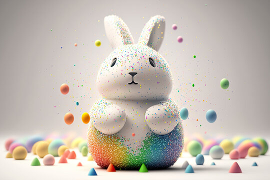 fantasy abstarct design amazing 3d Easter bunny and ornated painted rainbow colourd egg on white background. Happy Easter magical,generative ai.