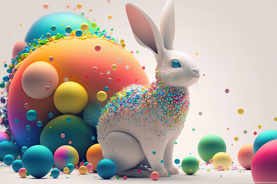 fantasy abstarct design amazing 3d Easter bunny and ornated painted rainbow colourd egg on white background. Happy Easter magical,generative ai.