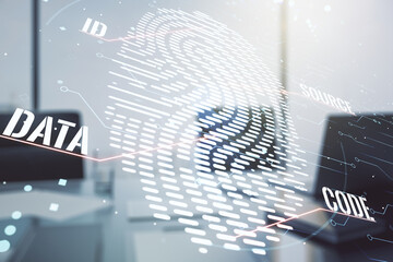 Poster - Abstract creative fingerprint illustration and modern desktop with pc on background, personal biometric data concept. Multiexposure