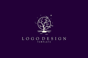 Wall Mural - beautiful minimalistic tree flat logo on moon background and sparkling stars.