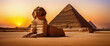 Monumental sculpture of the Sphinx and the great pyramids in the background, Giza Plateau, Egypt. Generative AI.