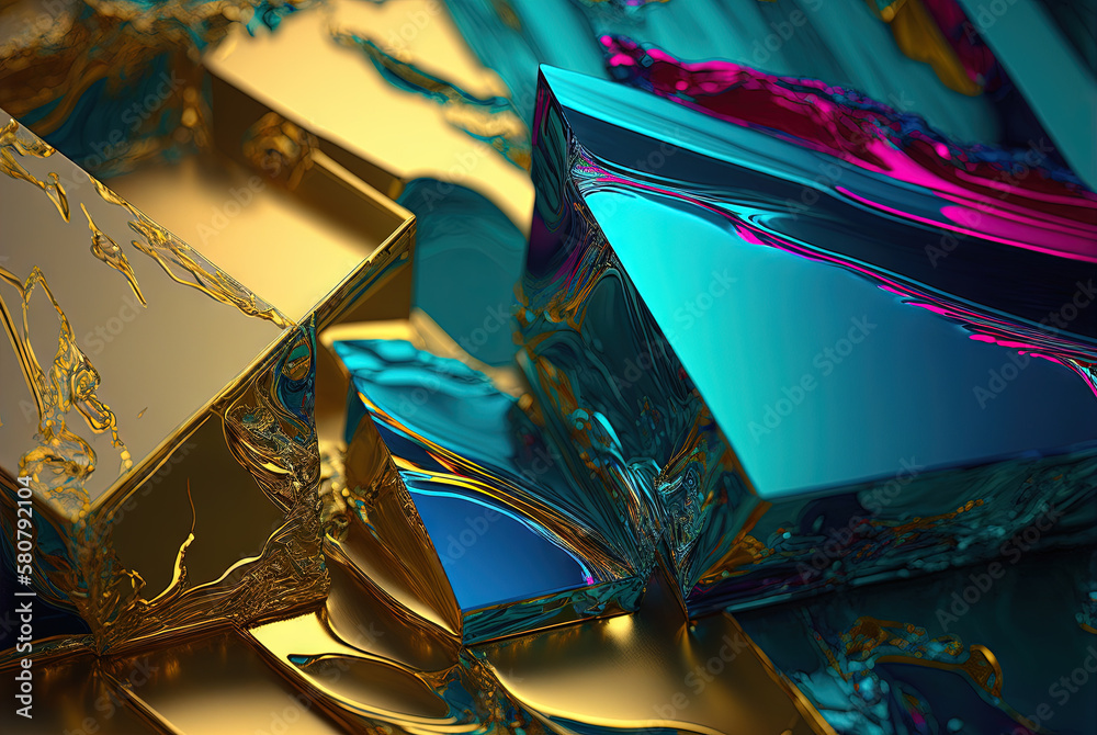 Abstract background with free 3D golden shapes, flowing and melting in ...