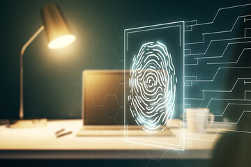 Aufkleber - Multi exposure of abstract fingerprint scan interface on computer background, digital access concept