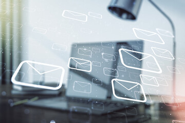 Poster - Creative concept of postal envelopes illustration on modern laptop background. Email and communications concept. Multiexposure