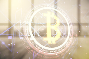Poster - Double exposure of creative Bitcoin symbol hologram on empty modern office background. Cryptocurrency concept