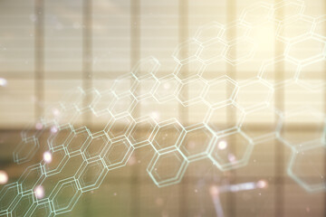 Aufkleber - Abstract virtual wireless technology hologram with hexagon on modern interior background, artificial intelligence and machine learning concept. Multi exposure