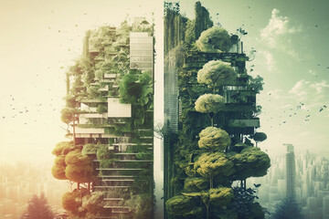 Generative ai image of splendid environmental awareness city with vertical forest concept of metropolis covered with green plants. Civil architecture and natural biological life combination.