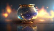  A Glass Jar Filled With Liquid And Stars On A Dark Surface With A Reflection Of The Sky In The Water And A Gold Rim Around It.  Generative Ai