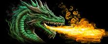 Green Fire Breathing Dragon On Black Background.  Image Created With Generative Ai.