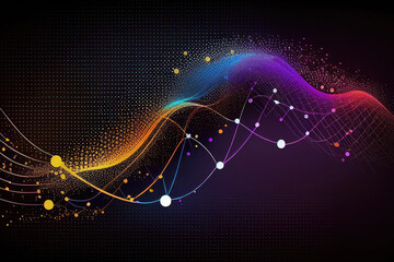 Technology background with connected colorful dots on abstract background. Digital data and network connection background. Created with Generative AI