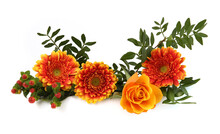Border Of Gerberas And Roses Isolated On White Background. Arrangement Of Orange Flowers And Leaves.