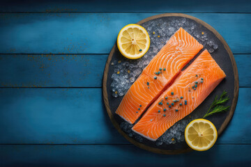 Fresh raw salmon, slice of lemon and spices on blue wooden table. 