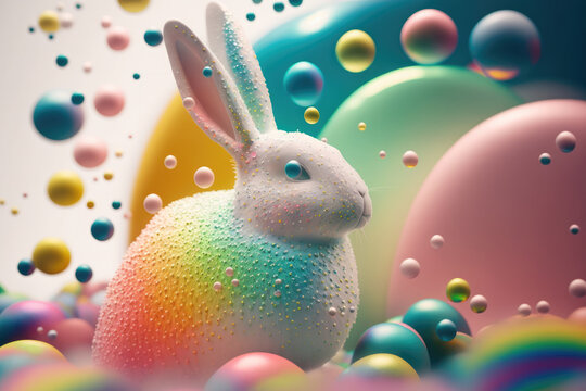fantasy abstarct design amazing 3d Easter bunny and ornated painted rainbow colourd egg on white background. Happy Easter magical,generative ai.
