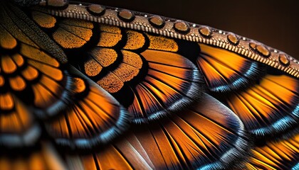 Canvas Print - Butterfly Wing. Closeup butterfly wing orange, black, and gold. Iridescent, background wallpaper texture.