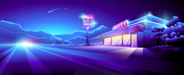 Wall Mural - Vector illustration of night roadside cafe with neon signs.