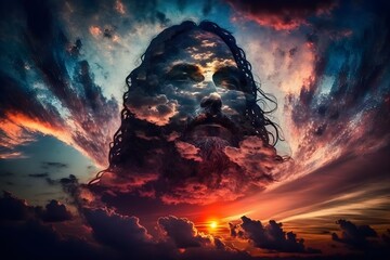 Canvas Print - Jesus Christ close up portrait in the sky, AI generated 