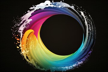 Wall Mural - Colorful cartoon wave with empty circle frame with space for text. Creative liquid ocean waves black background