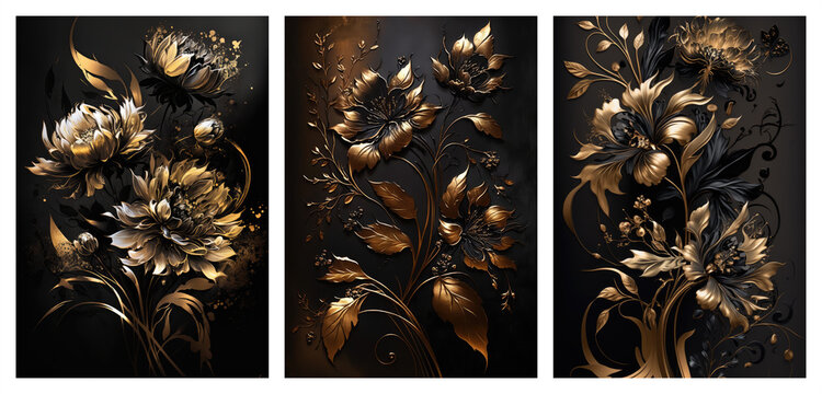 Set of golden floral art posters, gold flowers concept art, generative ai	
