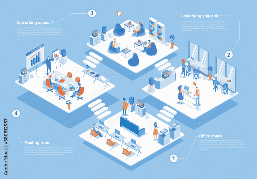 Coworking space concept 3d isometric web scene with infographic. People ...