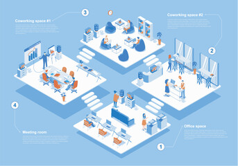 Fototapete - Coworking space concept 3d isometric web scene with infographic. People working in office, tea meeting in room, teamwork and workflow in departments. Vector illustration in isometry graphic design
