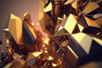 Poster - An abstract gold geometric surface. Computer-created looping animation. backdrop, contemporary, polygonal, form. Poster, cover, logo, and banner animation design. Generative AI