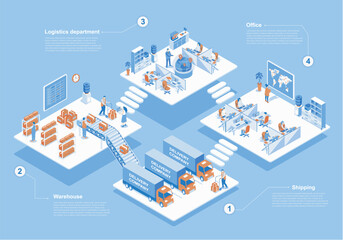 Fototapete - Delivery company concept 3d isometric web scene with infographic. People work in logistics department, workers loading boxes in warehouse for shipping. Vector illustration in isometry graphic design