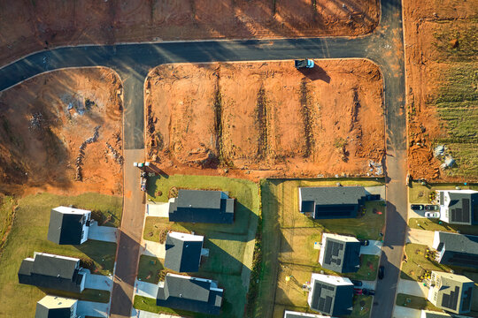 aerial view of construction site with new tightly packed homes in south carolina. family houses as e