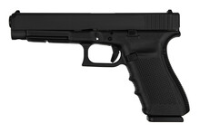 Modern Semi-automatic Pistol Isolate On A White Background. Armament For The Army And Police. Short-barreled Weapon
