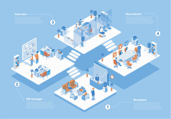 HR agency concept 3d isometric web scene with infographic. People wait at reception, managers working at office, recruitment and job interview in room. Vector illustration in isometry graphic design