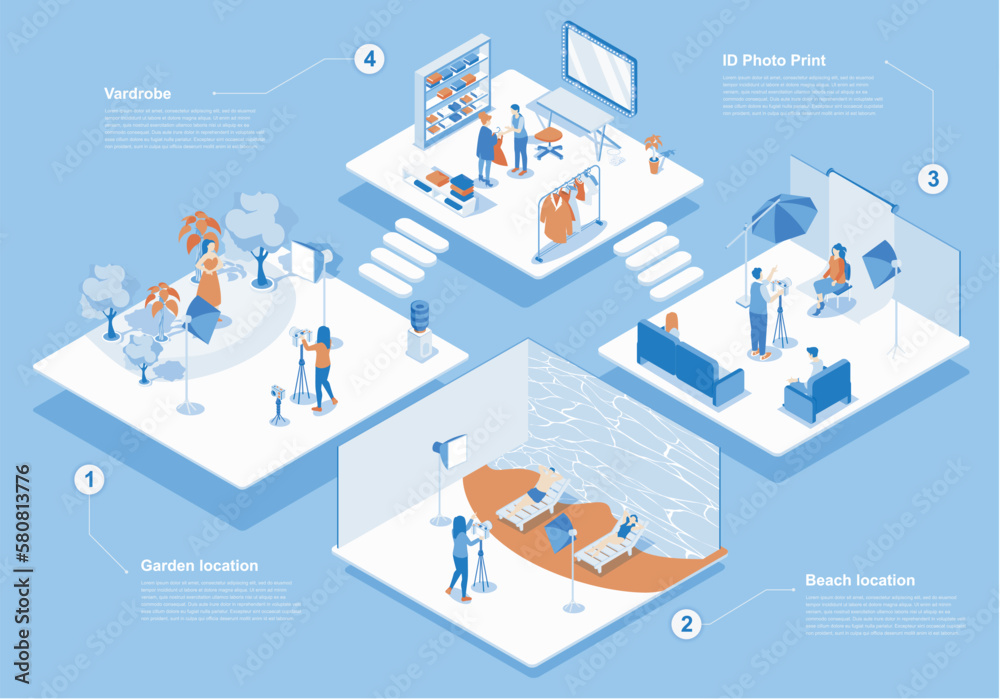 Photo studio concept 3d isometric web scene with infographic. People ...