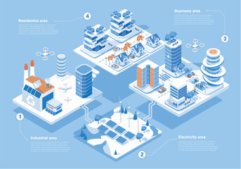 Fototapete - Smart city concept 3d isometric web people scene with infographic. Urban infrastructure with industrial, electricity, business and residential areas. Vector illustration in isometry graphic design