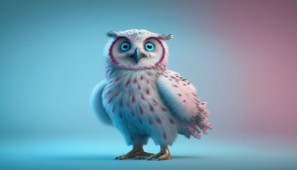  a very cute owl with big blue eyes on a blue and pink background with a blurry background and a pink and blue background behind.  generative ai
