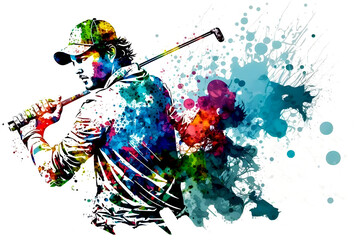 golf player with watercolor rainbow splash. Neural network AI generated art