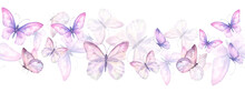 Seamless Bordure With Watercolor Illustrated Delicate Purple Butterflies. Design For Packaging, Label And Greeting Card.