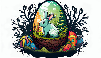 Wall Mural - Easter Day Concept. Watercolor easter bunny in the eggs, elements illustrations, cartoon holiday painted background, AI Generative