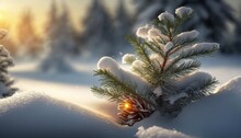  A Pine Tree With A Pine Cone On It In A Snowy Landscape With A Sun Shining Through The Trees And Snow On The Ground And The Branches.  Generative Ai