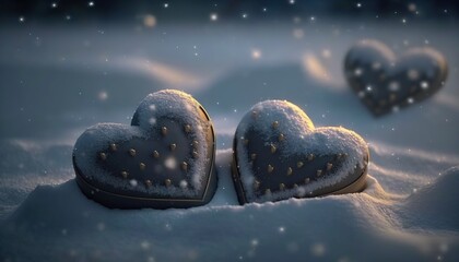  two heart shaped cookies sitting on top of a snow covered ground in the shape of a snowman and a heart shaped cookie in the shape of a heart.  generative ai