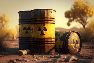 Yellow metal barrels with radioactive waste, dangerous nuclear waste. Toxic radioactive, hazardous waste. Nuclear power fuel manufacturing, disposal, utilization industry. AI generative illustration