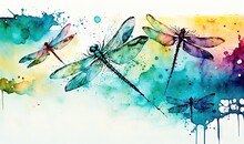  A Painting Of Three Dragonflies Flying Over A Blue, Yellow, And Green Background With Drops Of Paint On The Bottom Of The Image.  Generative Ai