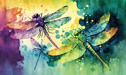 Wall Mural -  a painting of three dragonflies on a colorful background with watercolor spots and spots on the bottom of the image is a splash of paint.  generative ai